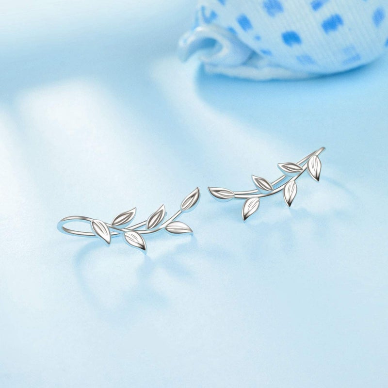 POPLYKE Ear Climber Crawler Cuff Sterling Silver Leaf Earrings for Women,Wrap Earrings Hypoallergenic (leaf earrings) - Image 4